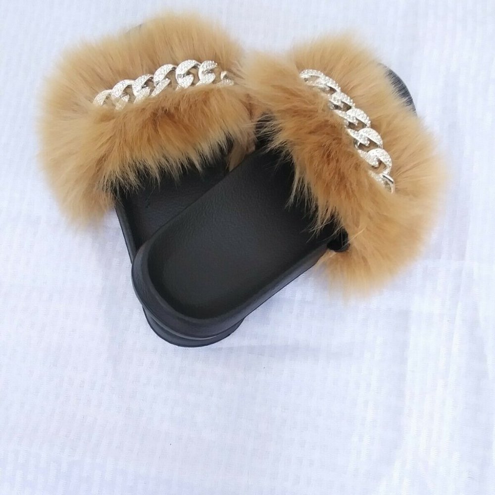 Brown Faux Fur Slides/Slippers/With Chain - Picture 8 of 9